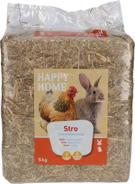 Happy Home Stro bodembedekking, 5kg verpakking met afbeeldingen van een kip en een konijn.