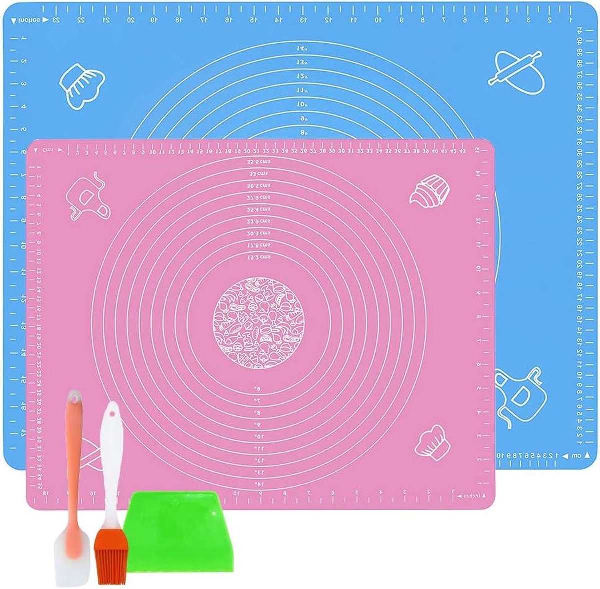 Siliconen bakmat met anti-aanbaklaag en antislip Herbruikbaar deegkneden mat Grote fondantmat met schraper Barbecueborstel en spatels Blauw 70 x 50 cm