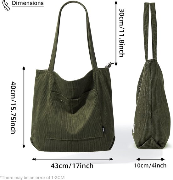 Sac à Main Femme Makukke - Bandoulière Velours Côtelé - 43x14x39cm - Grand Volume - École/Bureau/Voyage