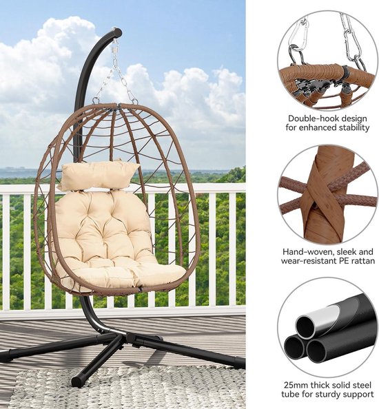 Taifuan Patio Hangstoel Hangmat Swing Ei Stoel met Stand Stand Rotan Opknoping Ei Stoel Binnen/Buiten Hangstoel voor Patio Slaapkamer Balkon (Grootte 105 x 90 cm Kleur grijs