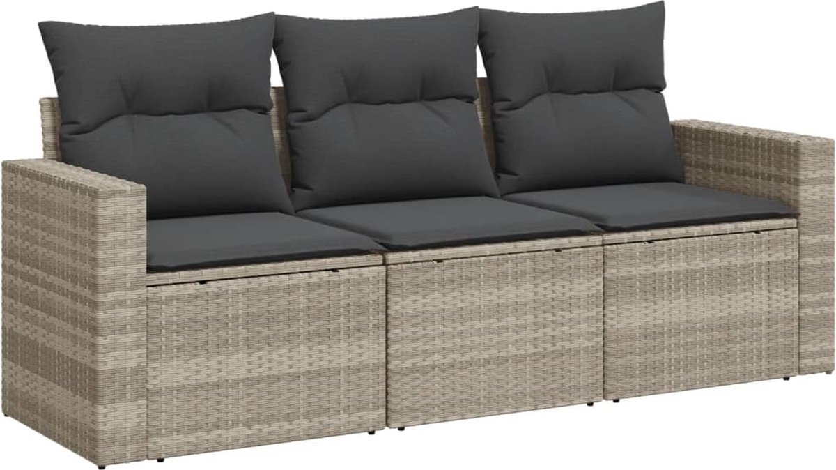 vidaXL 3-delige - Loungeset - met - kussens - poly - rattan - lichtgrijs