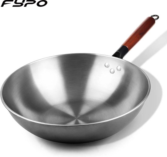 Foto: 32cm handgemaakte ijzeren wok traditionele kookpan zonder coating geschikt voor magnetron en electromagnetische fornuis wokpan kookpan ijzeren pot