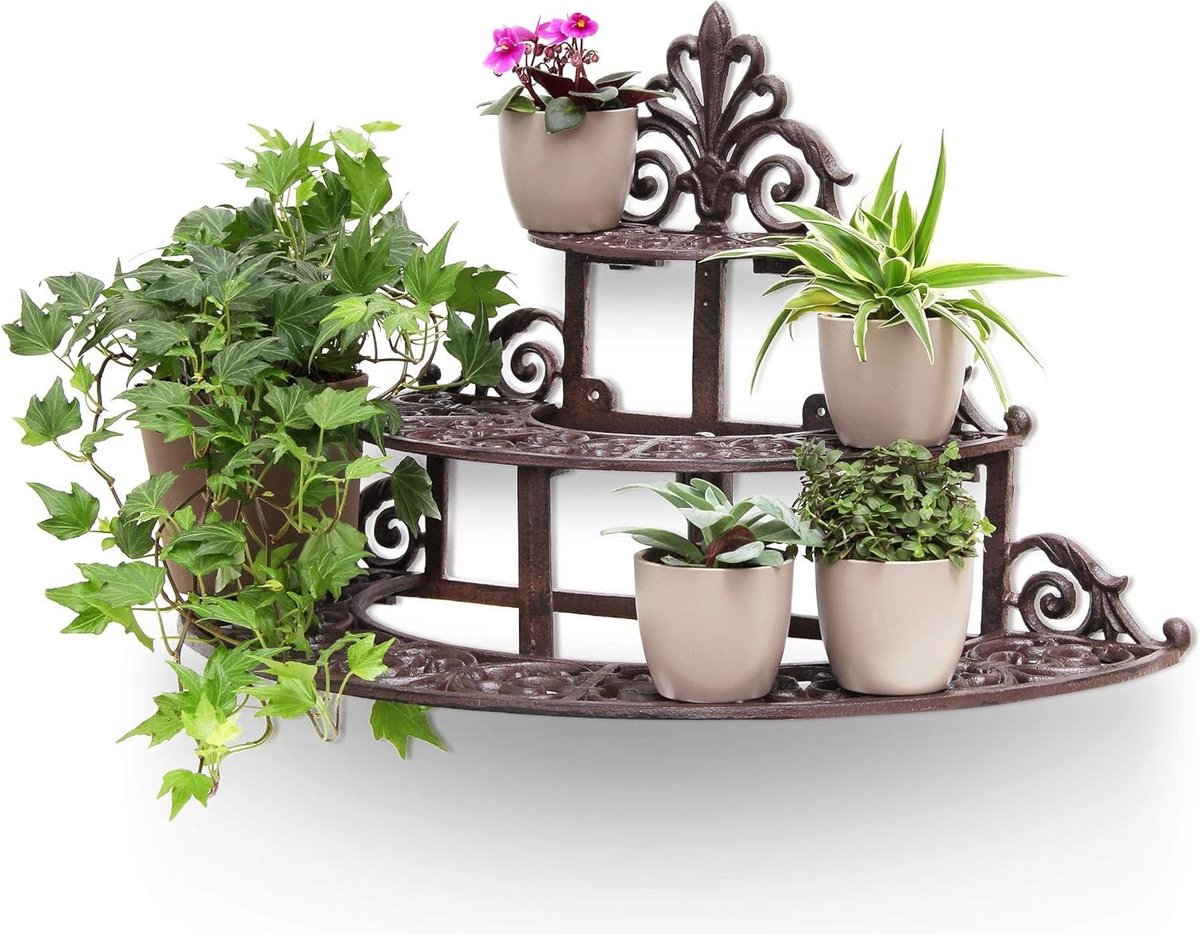 Plantenladder Plantentrap Gietijzer Rond Binnen en Buiten HBD 34 x 54 x 29 cm Plantenrek Metaal Brons met 3 Etages Plantenladder