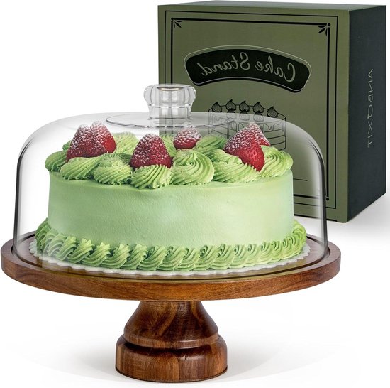 Homesphere Acaciahouten taartstandaard met deksel - 30,5 cm ronde taarthouder, 2-in-1 desserttafeldisplayset en charcuteriebord voor kaas, chips en dips, nacho's, fruitschaal, grote acryl