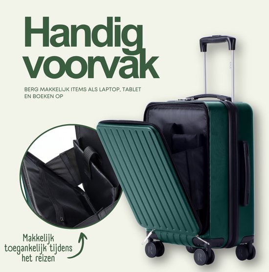 Donkergroene handbagage koffer met open voorvak met organizers voor laptop en tablet.