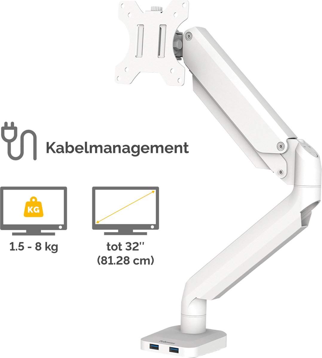 Fellowes Platinum - Monitor Arm - 1 scherm - Tot 8 kg - Tot 32 inch - Gasveer - USB - Wit thumbnail 3