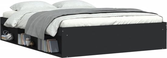 Cadre de lit noir The Living Store 140x200 cm - Cadre de lit moderne - Lit double - Lit Zwart - Lit en bois - Lit avec Compartiments de rangement