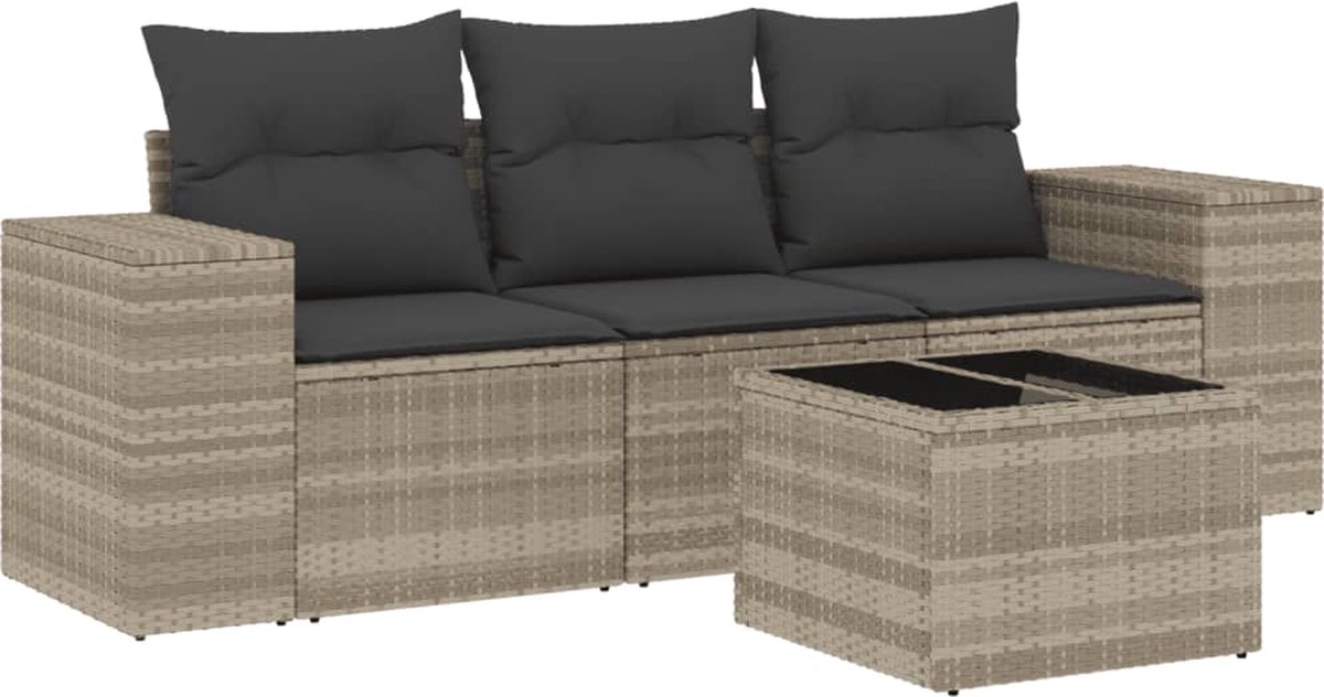 vidaXL 4-delige - Loungeset - met - kussens - poly - rattan - lichtgrijs