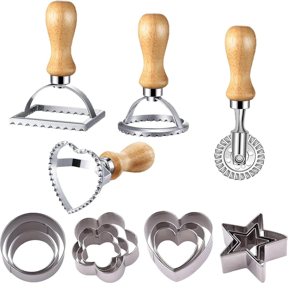 Bol.com Ravioli Cutter Set - Houten Handvat - Geribbelde Rand Roller Wiel - 12 Roestvrijstalen Mallen - Ravioli Pasta Dumplings ... aanbieding