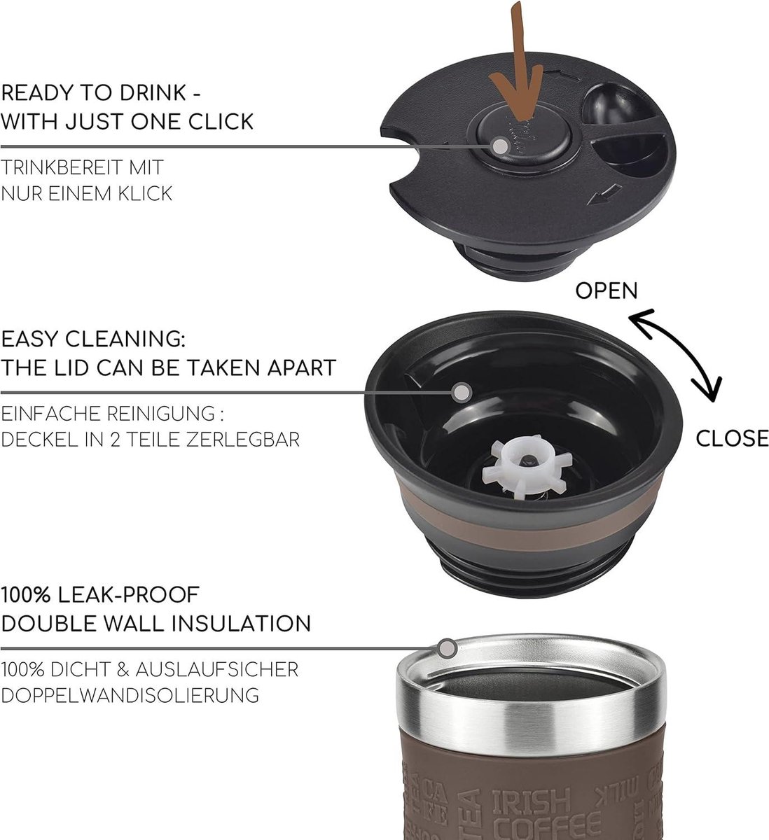 Geïsoleerde Thermosbeker 370ml 450ml - Lekvrije Roestvrijstalen Koffiemok - Automok dubbele wand isolatie - Thermo mok voor onderweg - Reismok - bruin 370 ml — cadeau in Koken & Dineren - foto 5