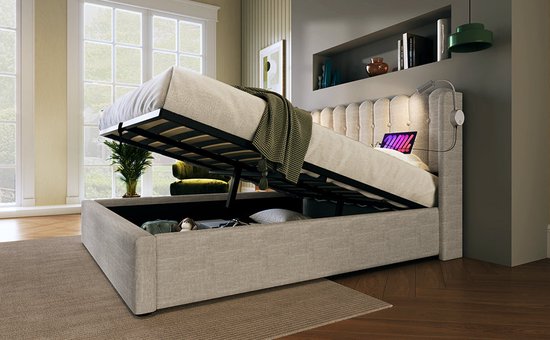 Merax Lit Double Rembourré 160x200 cm Comprenant Matras Mousse Froide 7 Zone - Lit avec Lampe de Lecture et Fonction Recharge de Téléphone - Espace de Rangement Hydraulique - Beige