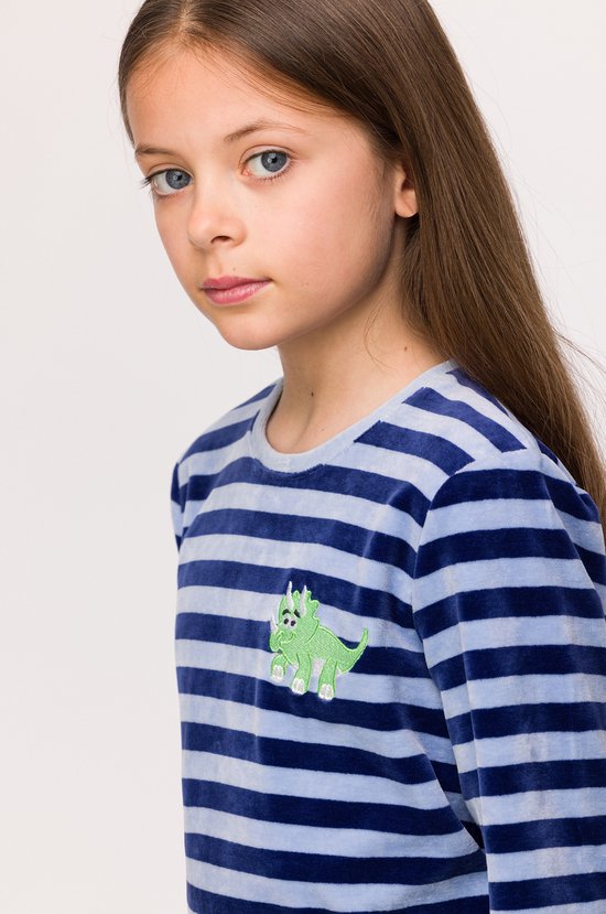 Woody pyjama filles/femmes velours - bleu rayé - dinosaure - 242-10-PDL- V/929 - taille 152