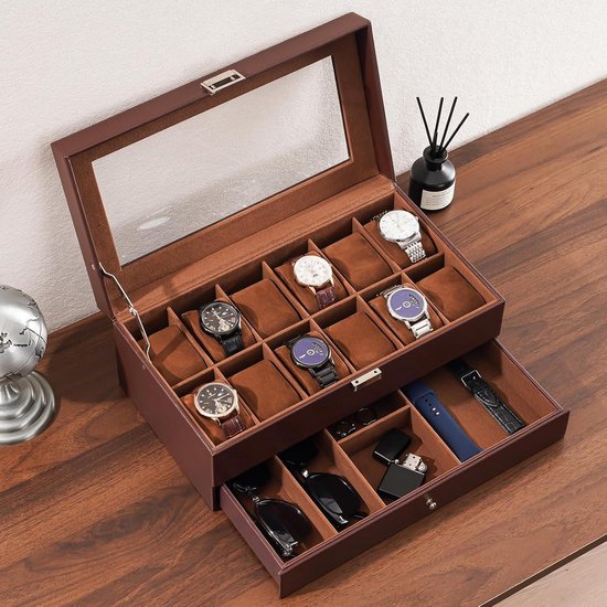 JTRHD 12 Slot Black Leather Zipper Horloge Box Horloge Opslag Display Box voor opslag en weergave (Kleur: Zwart, Maat: 33 * 20 * 7.5cm