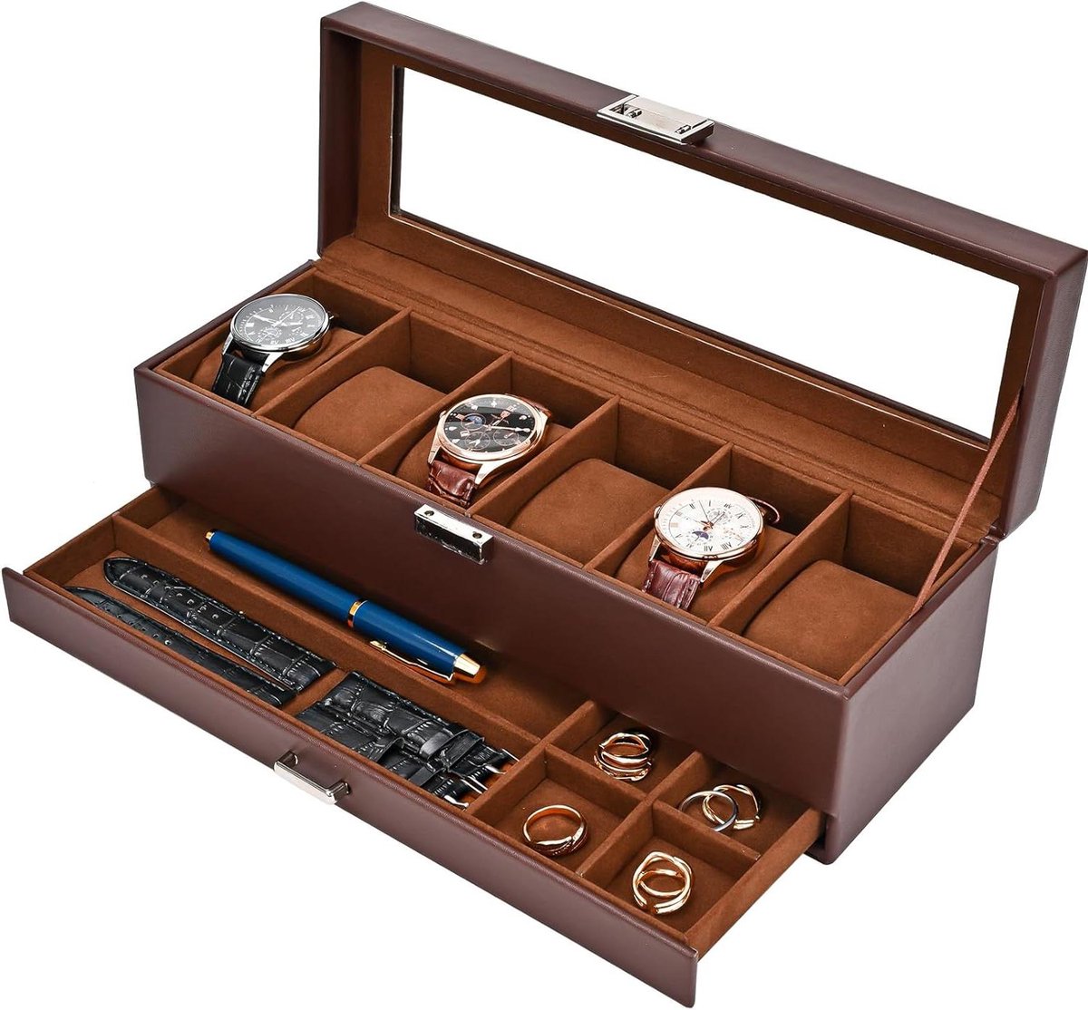 Horlogeopslagdoos met lade - 6 sleuven - heren horlogekast - glazen deksel - sieraden organiser voor mannen en vrouwen