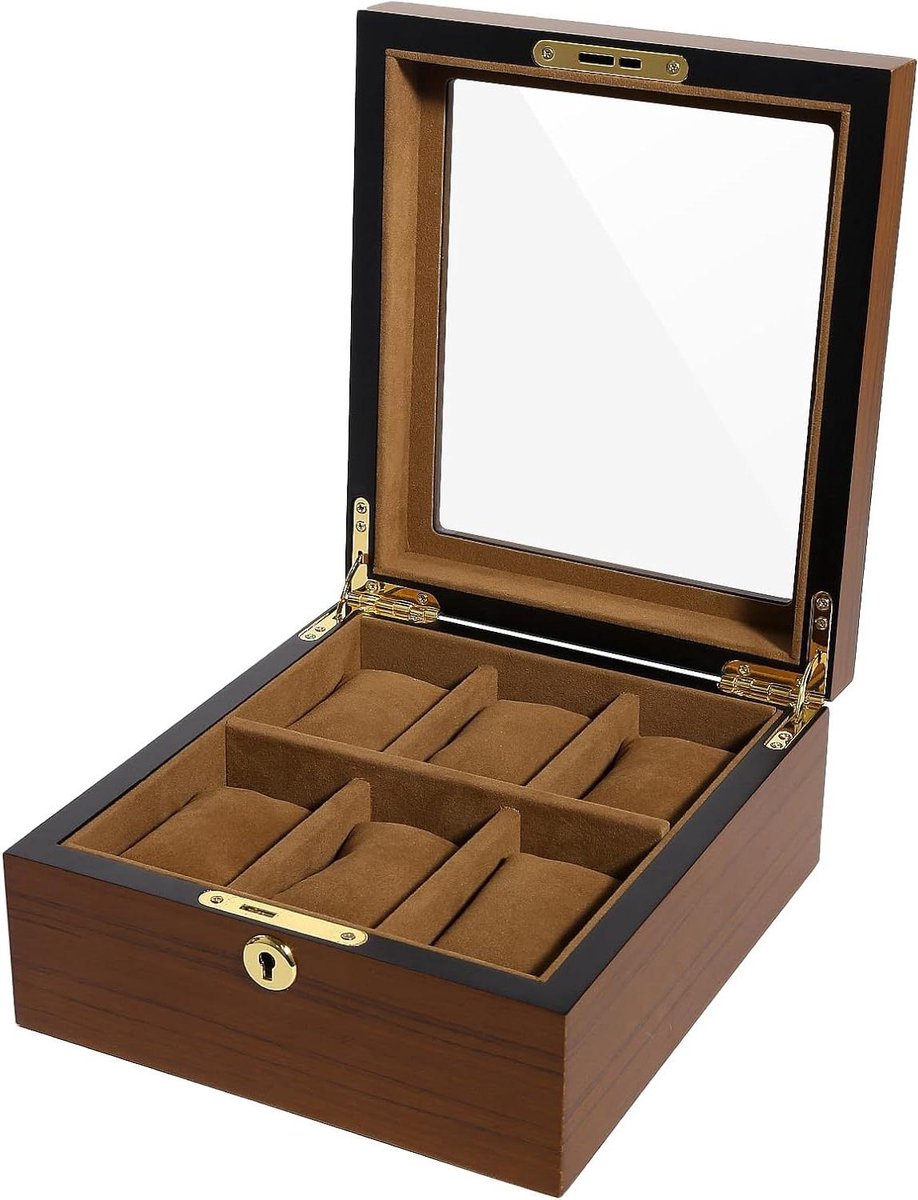 Horlogebox met 6 vakken - Horlogekast met gouden slot - Horloge-display opbergdoos - Luxe cadeau voor mannen