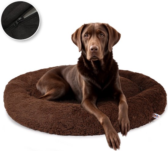 Foto: Pet perfect premium donut hondenmand 100 cm fluffy hondenkussen hondenbed bruin met rits wasbaar extra gevuld