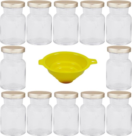 Huishoudwaren - kruidenpotjes - inmaakpotjes 150 ml met zilverkleurige sluiting - ronde twist off glazen - jampotten - vultrechter jampotjes met deksel
