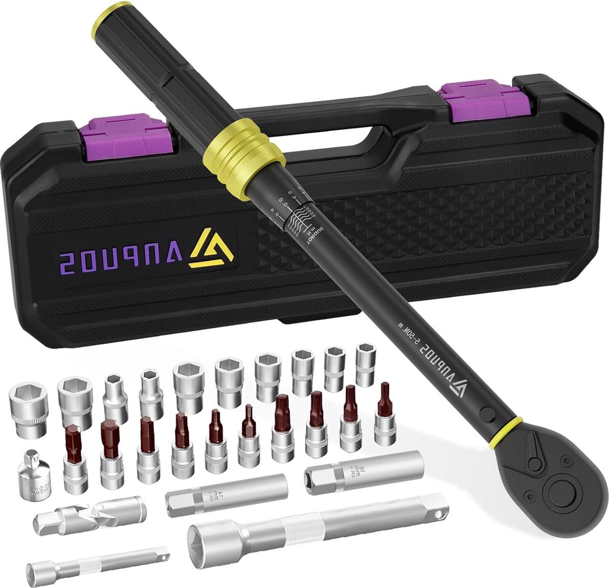 3/8" 5-50Nm fiets & motorfiets momentsleutel 26-delig set met verlengstang - bougiehuls - hex en torx-bits