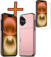 Hoesje Geschikt voor iPhone 16 Plus Hoesje Pasjeshouder Shockproof Hard Case Met Screenprotector - Hoesje Geschikt voor iPhone 16 Plus Hoes Met Kaarthouder - Rosé goud