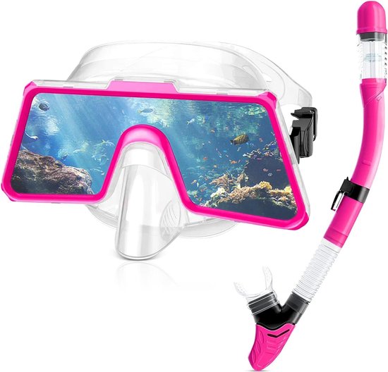 Khroom snorkelmasker voor volwassenen en kinderen - Seaview Y | CO2 veilig | Volgelaatsmasker om te snorkelen | Snorkeluitrusting voor volwassenen (L/XL Blauw Case