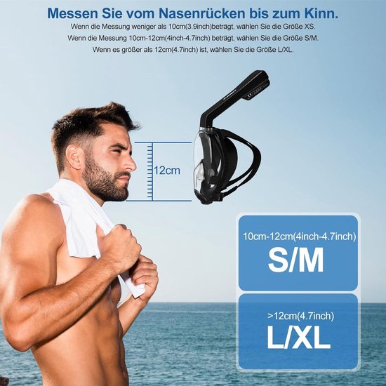 Jsdoin Snorkelmasker volledig gezicht, 180°view ontwerp - anti-condens, anti-lek technologie - compatibel met sportcamera - voor een veilige snorkelervaring voor volwassenen en kinderen (blauw-S/M