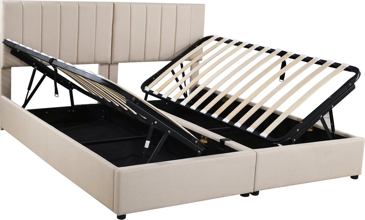 Merax Gestoffeerd Tweepersoonsbed 180x200 cm - Hydraulisch Opbergbed - Huidvriendelijk Linnen - Beige