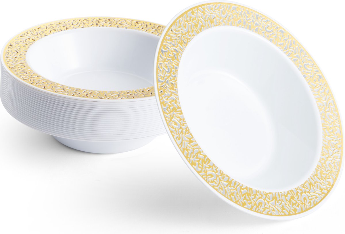 Matana – 20 Witte Plastic Kommen, 360ml – Met Zilveren Rand – Stevig & Herbruikbaar – Voor Bruiloften, Verjaardagen, Doopfeesten, Kerstmis & Feesten