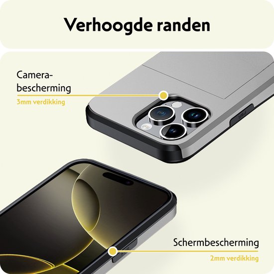 Coque pour iPhone 16 Pro avec porte-cartes, coque rigide avec 2 films de protection d'écran – Coque pour iPhone 16 Pro avec porte-cartes – Grijs