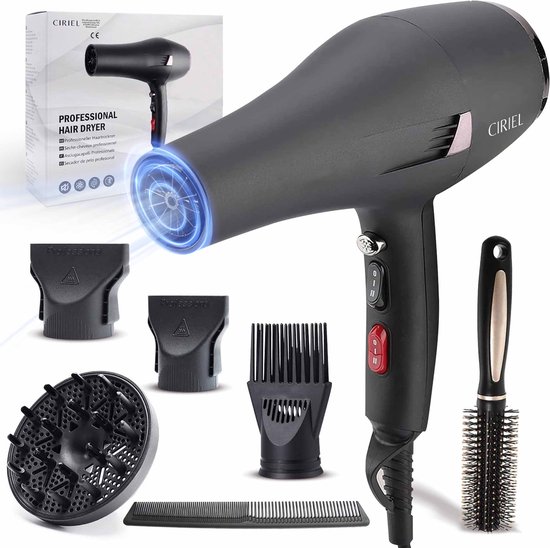 CIRIEL Föhn Met Diffuser - Ionische Haardroger - 2400W - Complete Set - Haardroger Met Borstel - 4 Standen - Ionische Fohn Krullen - 4 Opzetstukken