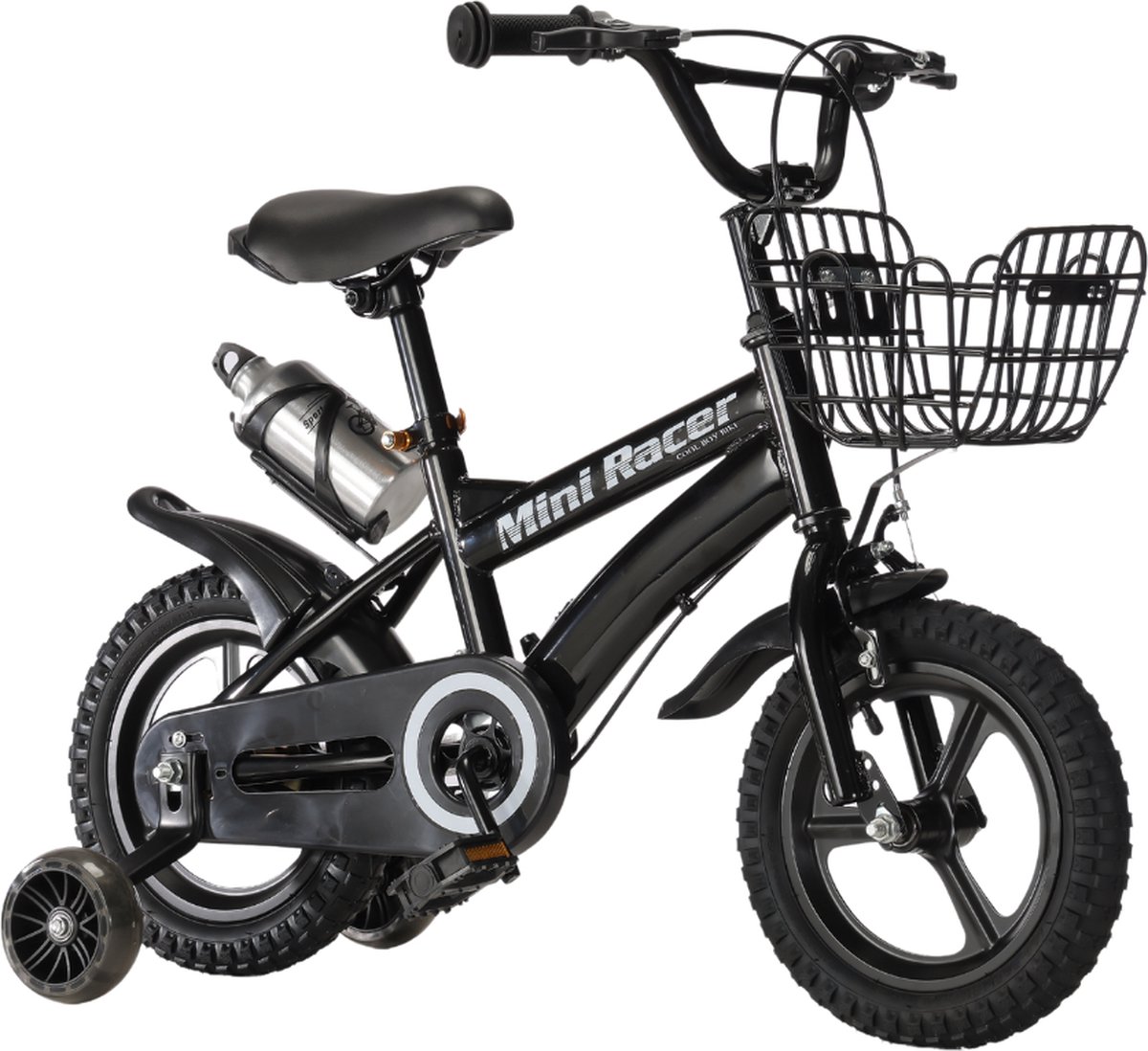 Buxibo Mini Racer - 12 Inch Kinderfiets met Zijwielen – Stoere Fiets voor Kinderen 2-4 Jaar – Verstelbaar Zadel en Stuur – Met Opbergbak en Mand - Perfect voor Leren Fietsen - Zwart