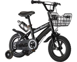 Buxibo Mini Racer - 12 Inch Kinderfiets met Zijwielen – Stoere Fiets voor Kinderen 2-4 Jaar – Verstelbaar Zadel en Stuur – Met Opbergbak en Mand - Perfect voor Leren Fietsen - Zwart