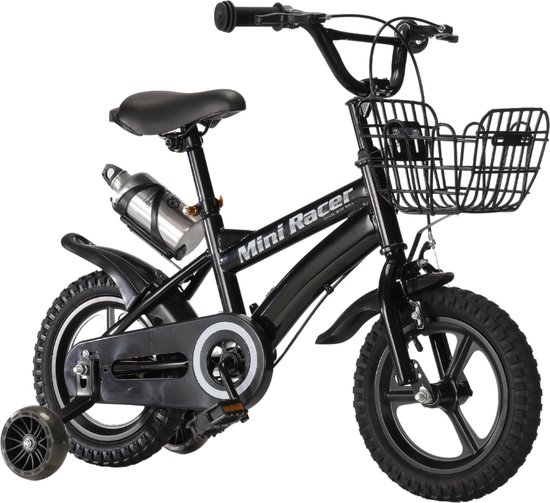 Zwarte kinderfiets 'Mini Racer' met mandje, bidonhouder en zijwielen.