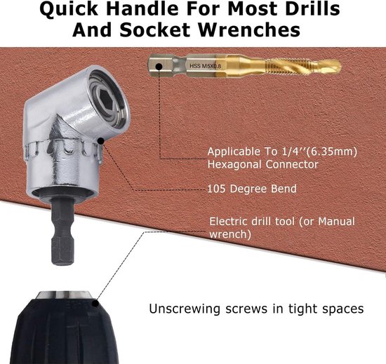 BEYUDG 105 Graden Haakse Boor Adapter Hex Schacht Schroevendraaier Haakse Bithouder Power Boor Tool en Flexibele Hoek Extension Bit Kit voor Boor Schroevendraaier Strakke Hoek Werkruimte