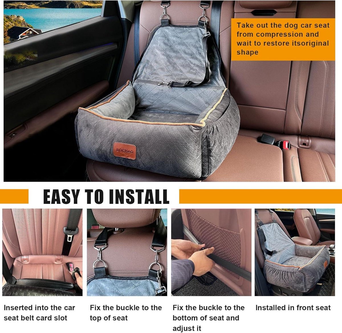 Siège Rehausseur Voiture Pour Chien - Taille 52x52cm - Avec Ceinture De Sécurité, Base Antidérapante Et Poches De Rangement - Pour Chiens Petits Et Moyens