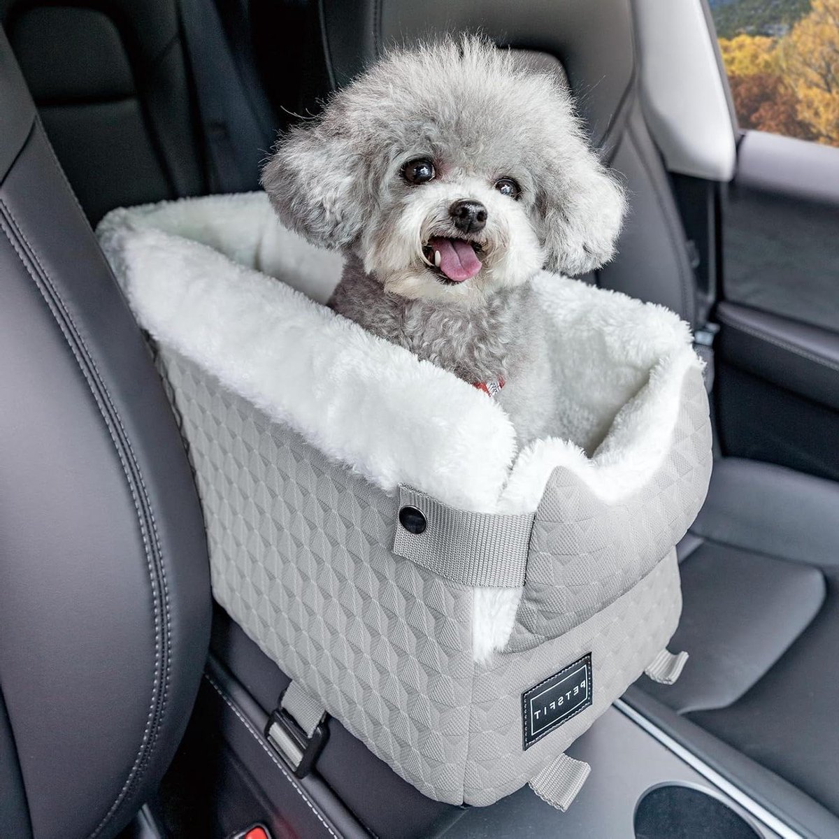 Arkyomi Hondenautostoel - Kleine en stabiele middenconsole - Met riem - Afneembaar en wasbaar - Voor katten en middelgrote honden tot 6 kg - Moiré