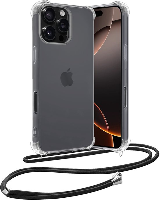 Hoesje Geschikt voor iPhone 16 Pro Hoesje Shock Proof Transparant Met Telefoonketting Case Shock Koord - Hoesje Geschikt voor iPhone 16 Pro Shock Proof Case Met Koord - Transparant