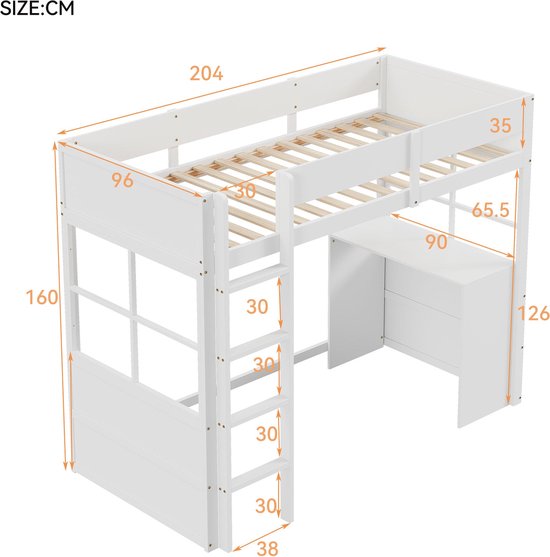 Moimhear Hoogslaper 90 x 200 cm met trap, wit kinderbed van hout met