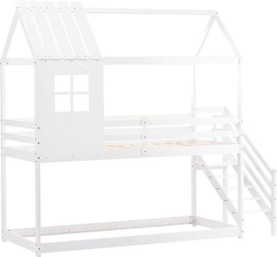Stapelbed, kinderbed met glijbaan, dak en ramen