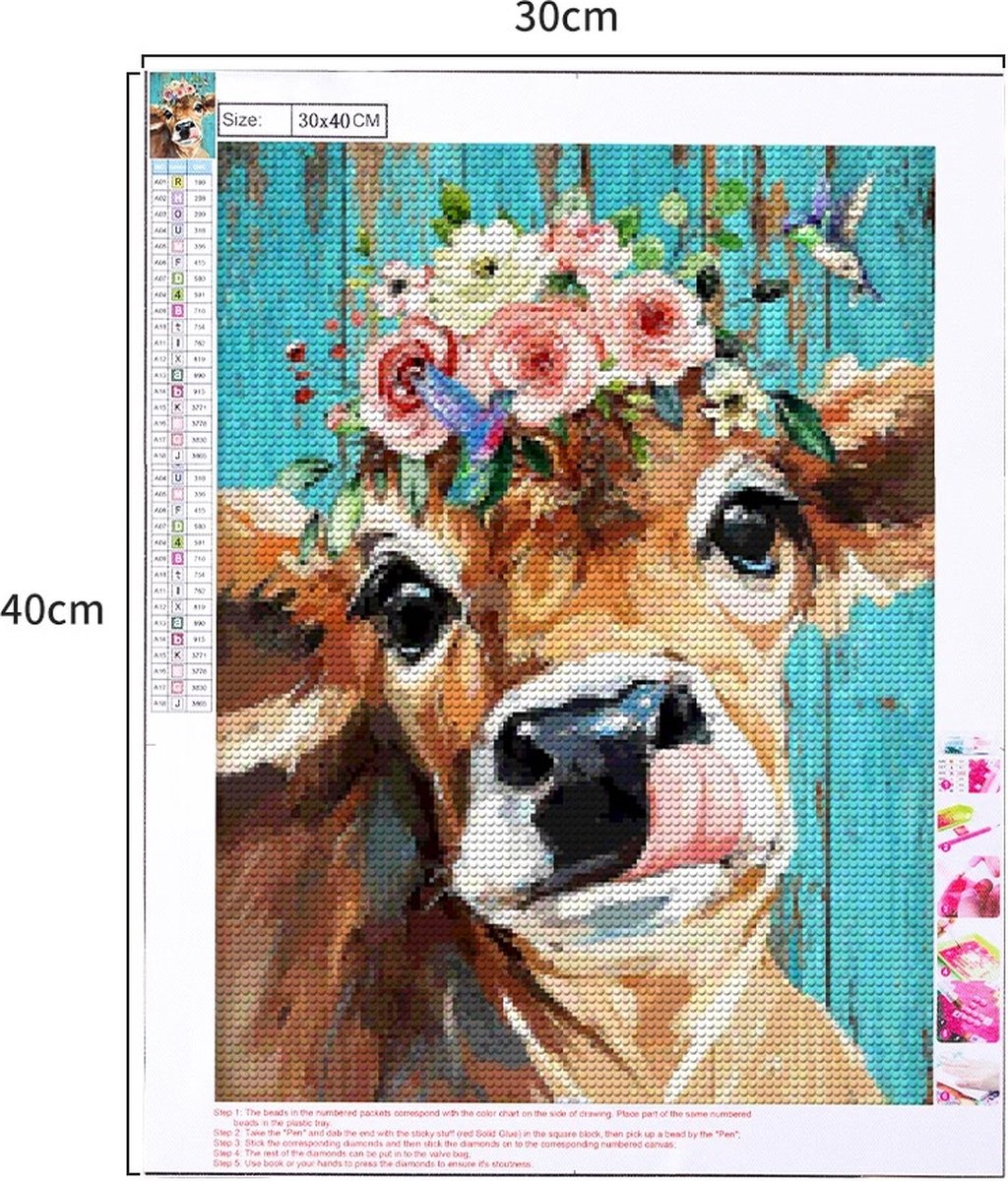 Huntex Diamond Painting Volwassenen - Diamond Painting Kinderen - Diamond Painting Pakket Volledig - Vrolijke Koe met Bloemen - 30x40 cm — afbeelding 2