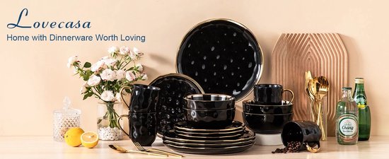 Serviesset - 8 Persoons Servies - Keramiek - Diner- en Dessertborden, Kommen en Kopjes - 32-delige Set - Zwart - Goud