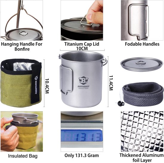 Bestargot 750ml Titanium Beker & Kop, Ultralicht Camping Topf Servies Set, Opvouwbare Outdoor-Topf met Isolerende Zak voor Trekking, Wandelen, Solo- Camping & Bushcraft