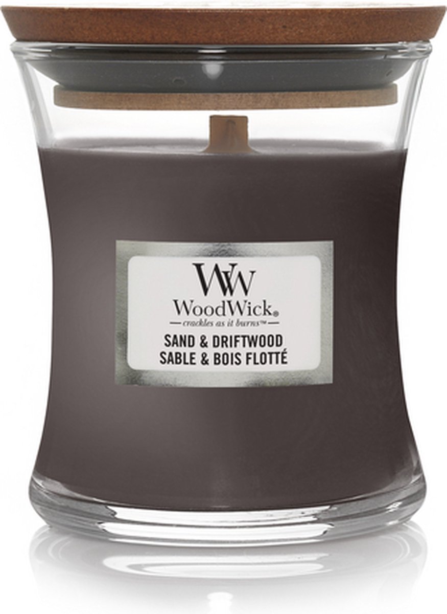 WoodWick Geurkaars Mini Sand & Driftwood - 8 cm / ø 7 cm - Geurkaars in Glas - Houten Lont