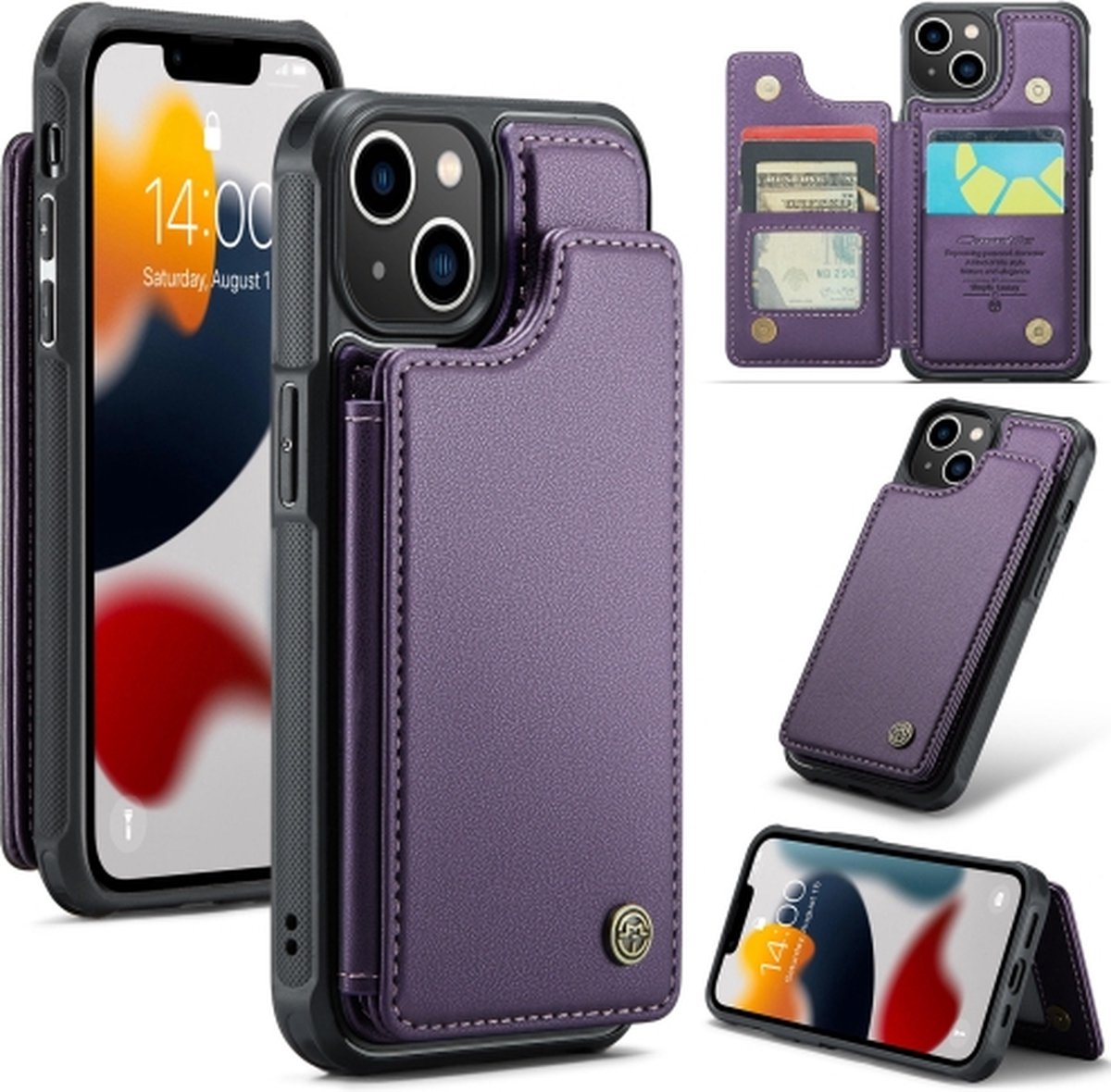 Luxe Portemonnee Backcover met Anti-RFID kaarthouders voor iPhone 13 _ Paars