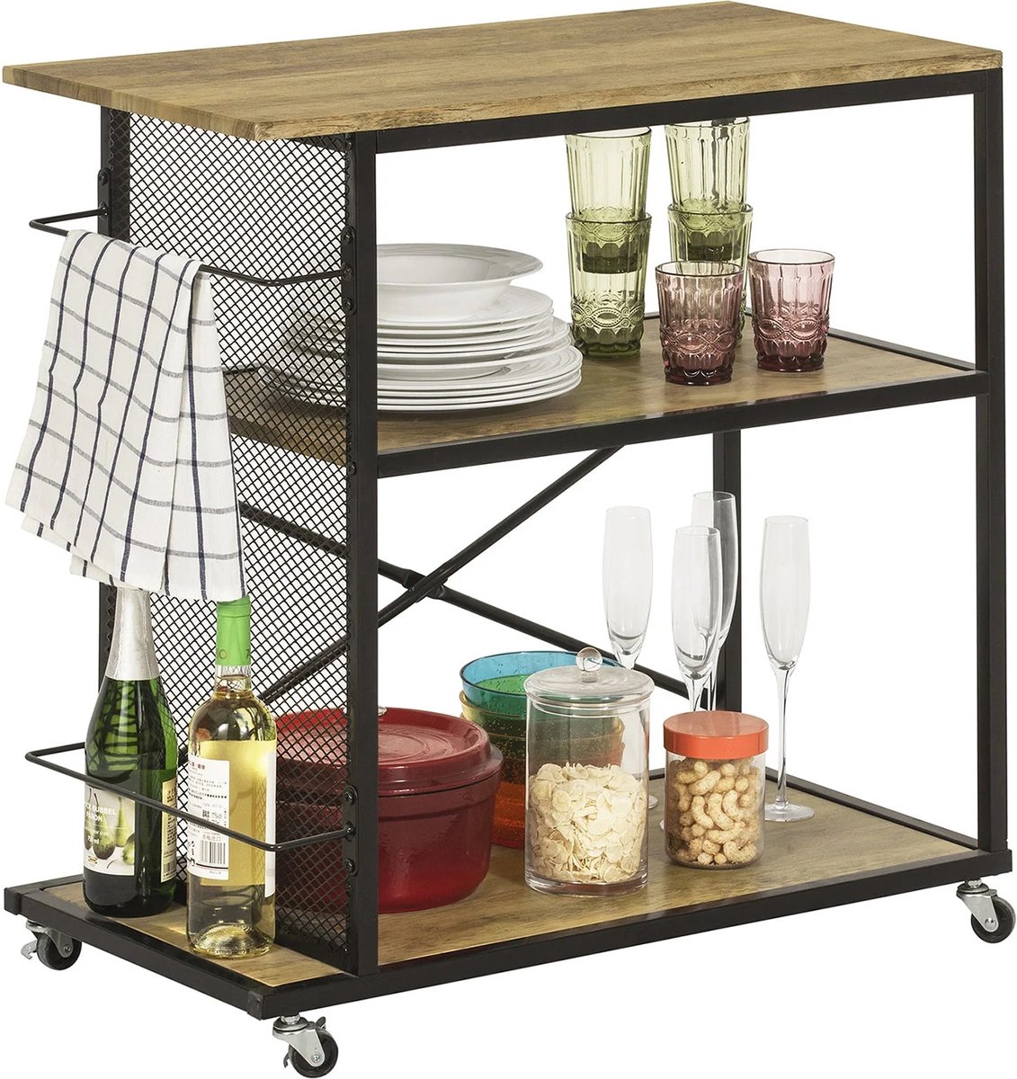 Keukeneiland - Verplaatsbaar - Keukenkast - Dressoir - Organizer - Kasten - Houten Werkblad - Lade - Zwart