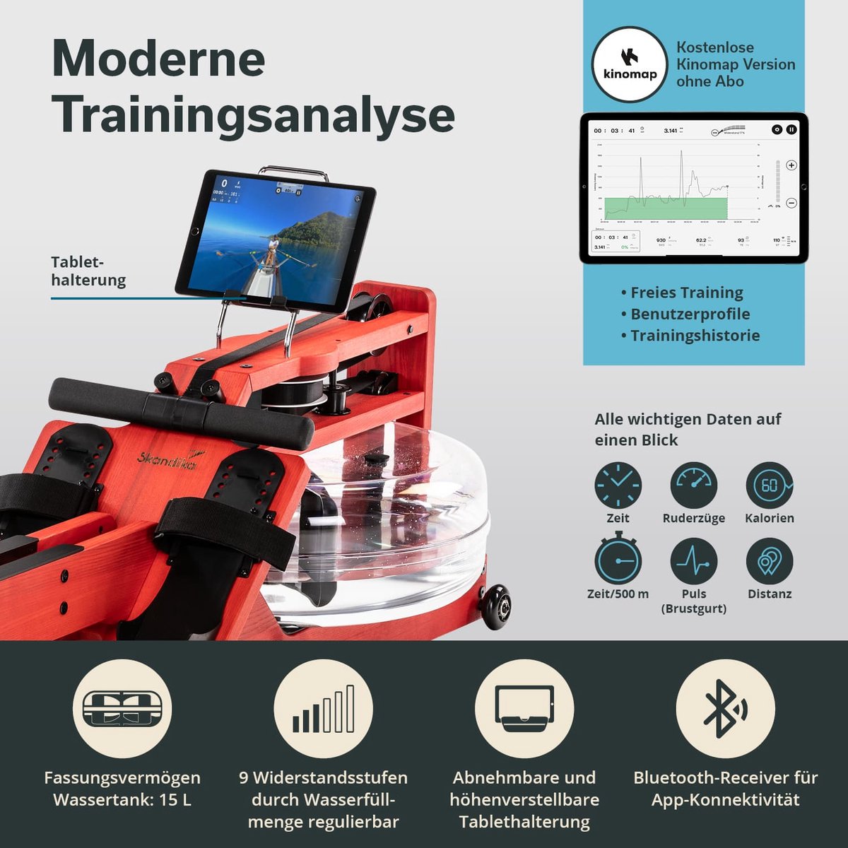 Skandika Styrke Roeitrainer Essenhout Rood Waterweerstand - afbeelding 2