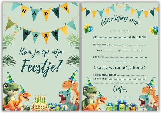 Foto: Uitnodiging kinderfeestje dino 10 kaarten met enveloppen voor jongen meisje beschrijfbaar verjaardag kind