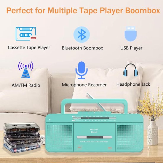 Draagbare cassettespelerradio, retro radio en recorder met AM/FM/SW1/SW2, draagbare cd-speler Boombox, FM-radio, USB, draadloze Bluetooth-luidspreker, ondersteuning voor transcriptiefunctie