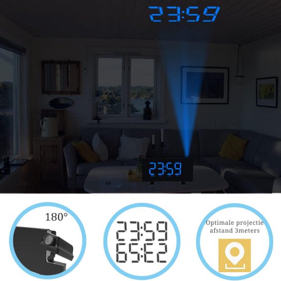 VORRINC Digitale wekkerradio met 6 helderheidsniveaus van het scherm en 4 helderheidsniveaus projectie projectie wekker met nachtlampje en sluimerfunctie wekker met FM-projectie