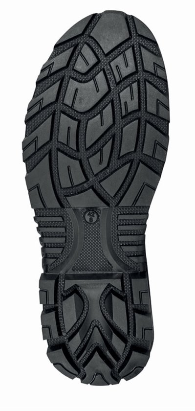 Zwarte profielzool van een werklaars met grof profiel voor grip.