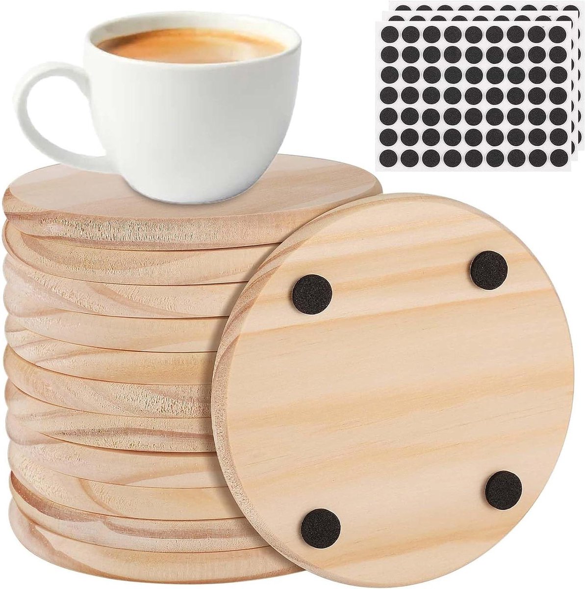 Set van 12 houten onderzetters, 100 mm, blanco onderzetters van